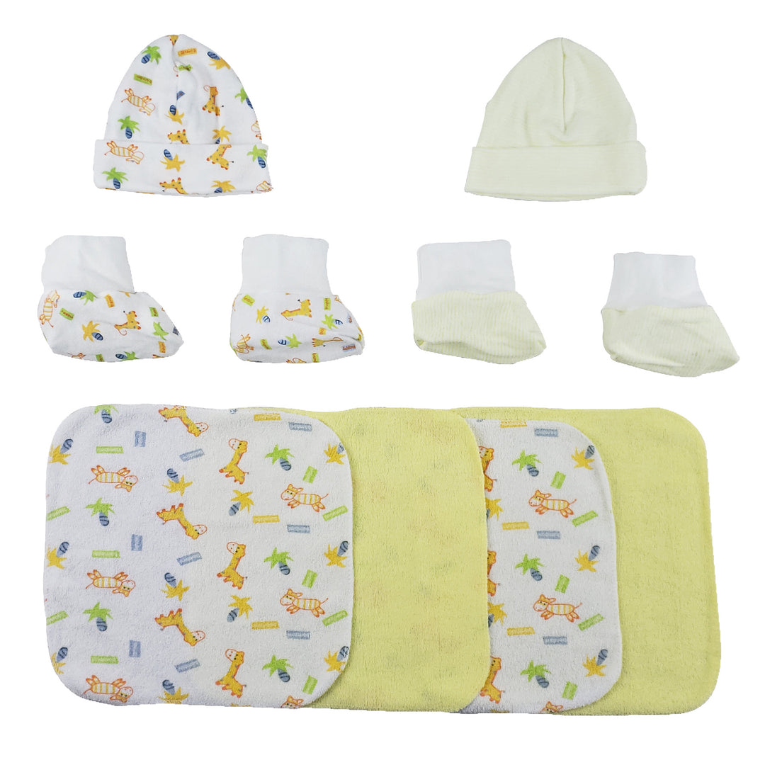 Two Rib Knit Infant Caps and Booties Sets and Four Washcloths - 8 Pc Set