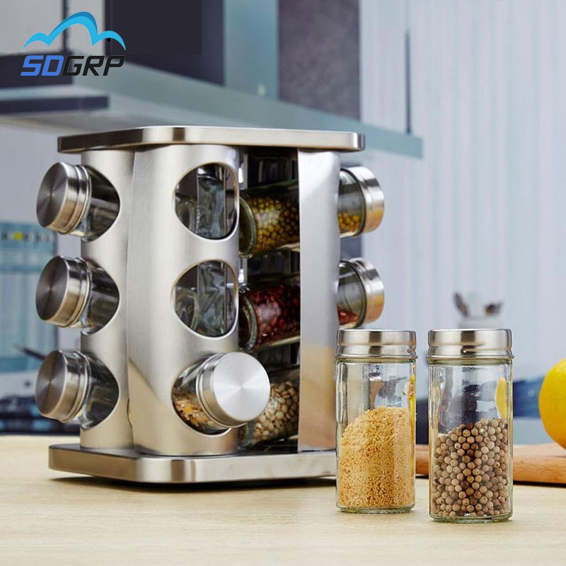 Kitchen Spice Jars Storage Rotatable Base Stainless Set eprolo