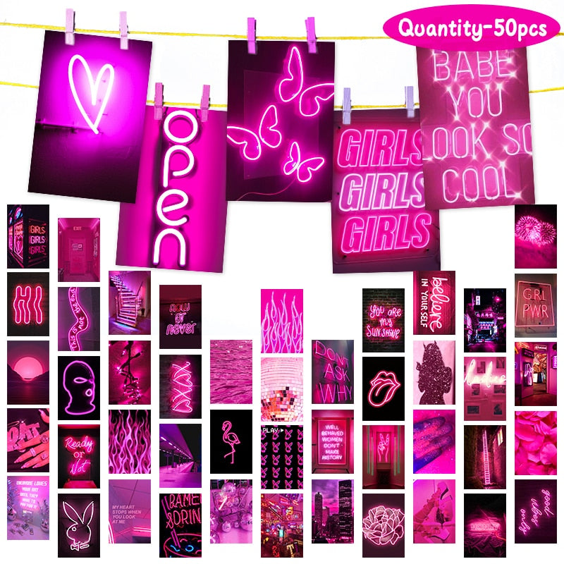 50Pcs Pink Neon Aesthetic Wall Collage Kit